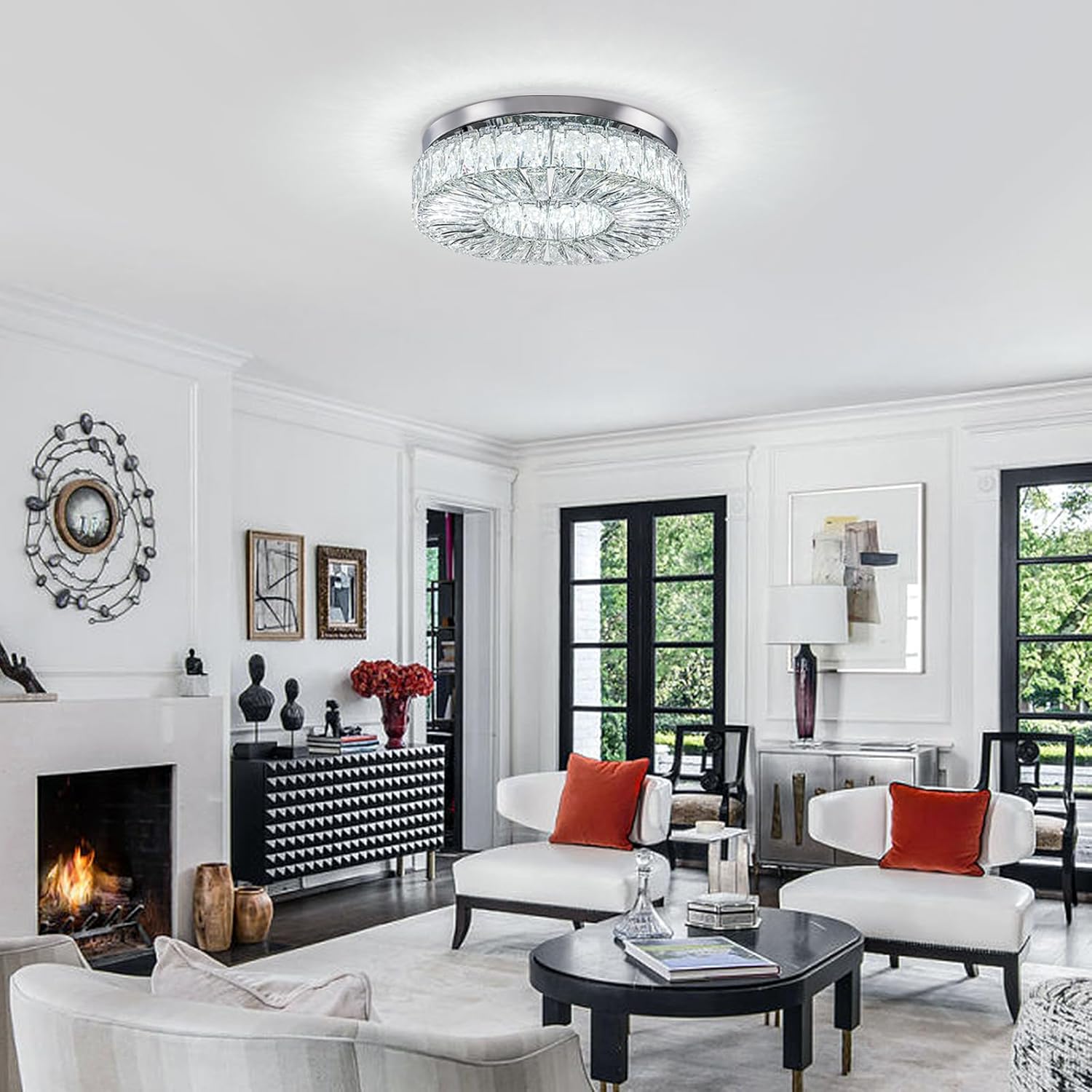 16.5" crystal chandelier led modern flush mount ceiling light fixtures round ring luxury large chandelier for living room bedroom dining room entrance (cool white-16.5") 16.5"-cool white