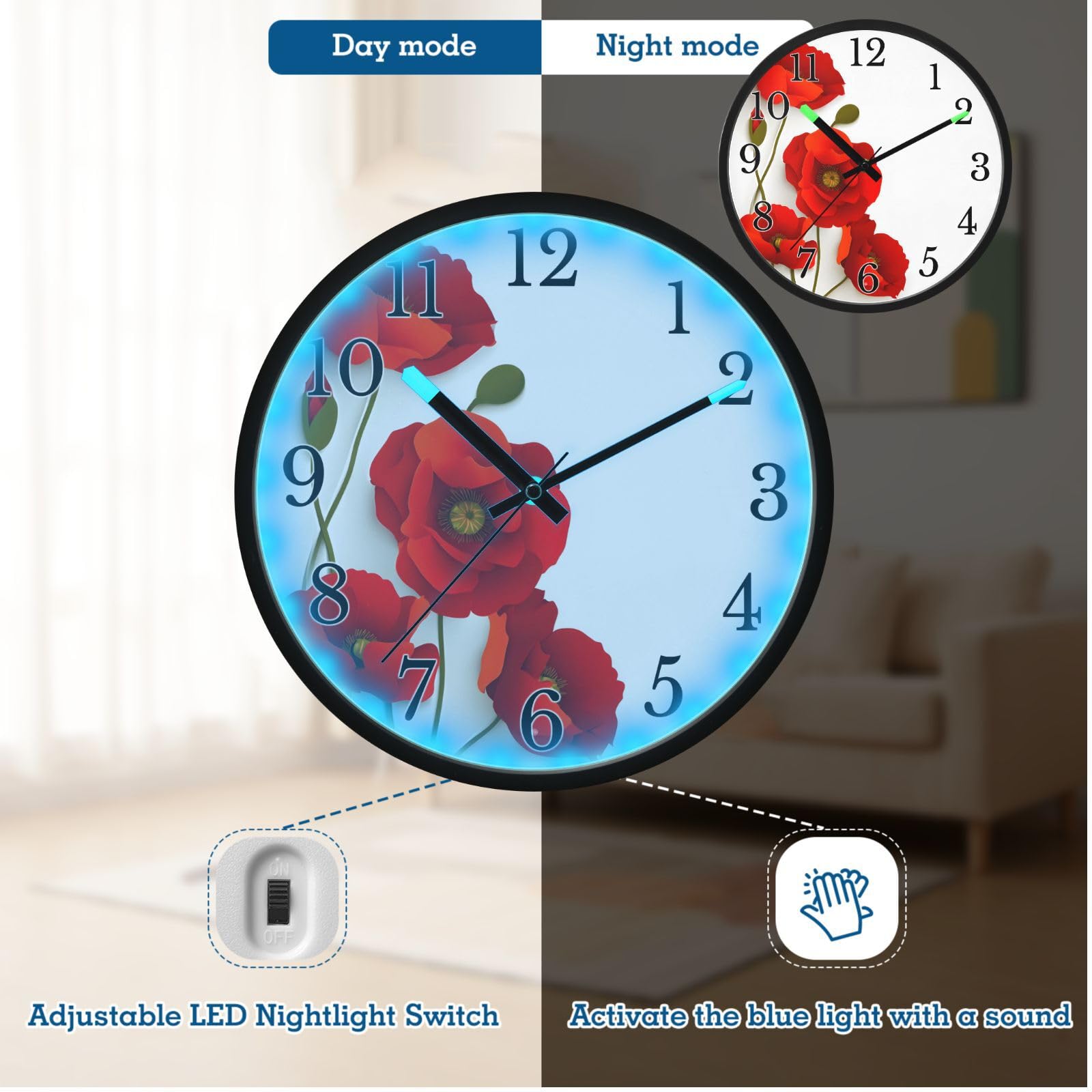 Mnsruu Reloj de pared luminoso con diseño de amapola roja y flores blancas, reloj de pared que brilla en la oscuridad, funciona con pilas, silencioso, sin tictac, luz nocturna para dormitorio