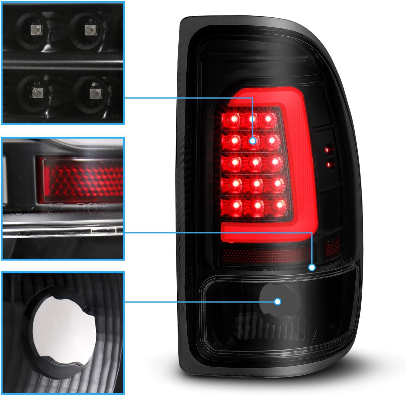 AmeriLite C-Type LED Tube Dark Smoked Tail Lights Brake Lamps Set for 1997-2004 Dodge Dakota - Passenger and Driver Side