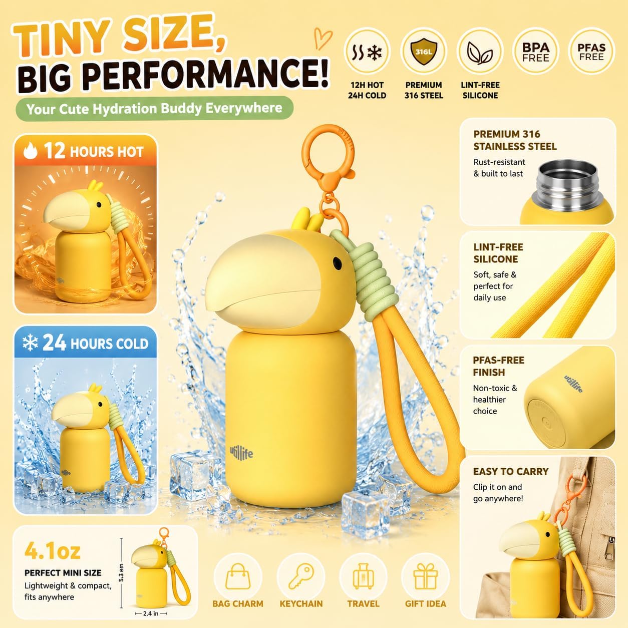 4.1oz Mini Insulated Water Bottle, Portable Coffee Cup, Small Travel Cup Vacuum Double Wall Mini Tumbler, Bag Hanging Cute Drink Bottle for Office Travel Women Gift (Toucan) image 3