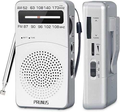 PRUNUS J-166 Radio portátil AM FM, radio a pilas con luz de sintonización, clip trasero, excelente recepción para radio de emergencia y interior y