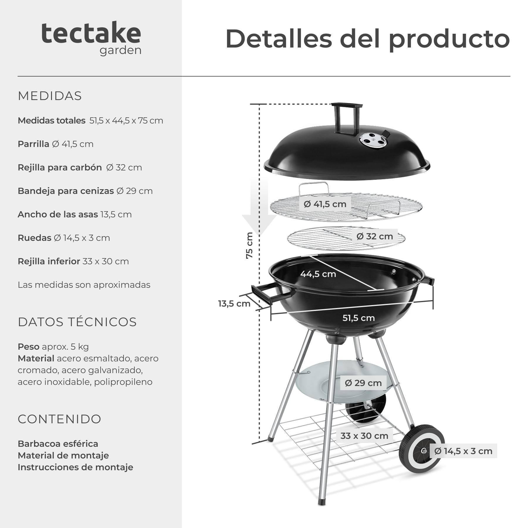 tectake® Barbacoa Carbon Redonda con 2 Ruedas, Parrilla Cromada Ø41,5 cm Tapa con Regulador de Aire, Bandeja Recogecenizas Extraíble, Bbq Grill, Barbacoa Portatil, Cocina Exterior - Negro/Plata