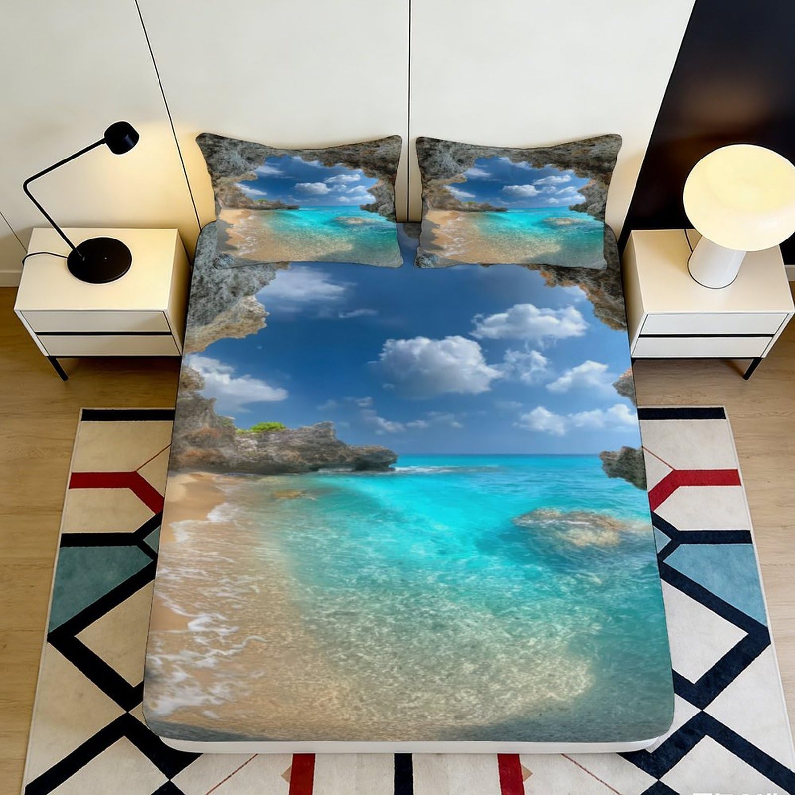 3D Printed Beach Scenery Fitted Sheet Microfiber Deep Pocket Ocean Mattress Fitted Cover Non-Slip Full Wrap for Bedroom 140x200x25cm