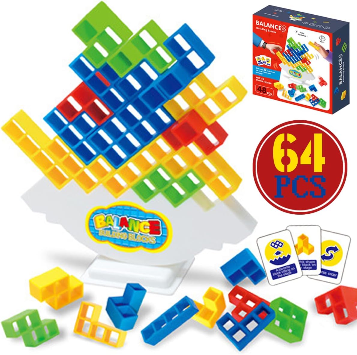 Tetra Tower Game 64 PCS : Ultimate Stack and Balance Board Game, Stack Attack Challenge for Kids, Interactive Tetra Tower Game for Family, Friends, Parties, and Educational Play