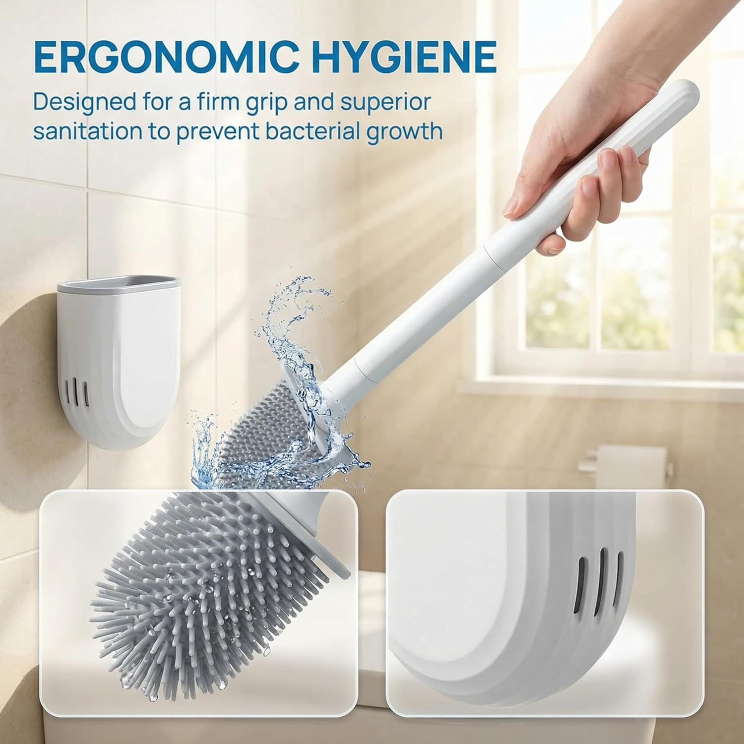 RV Silicone Toilet Brush with Holder, Drill-Free Wall Mounted Toilet Bowl Cleaner, Anti-Drip Anti-Roll Compact Brush for RV Camper & Small Bathroom