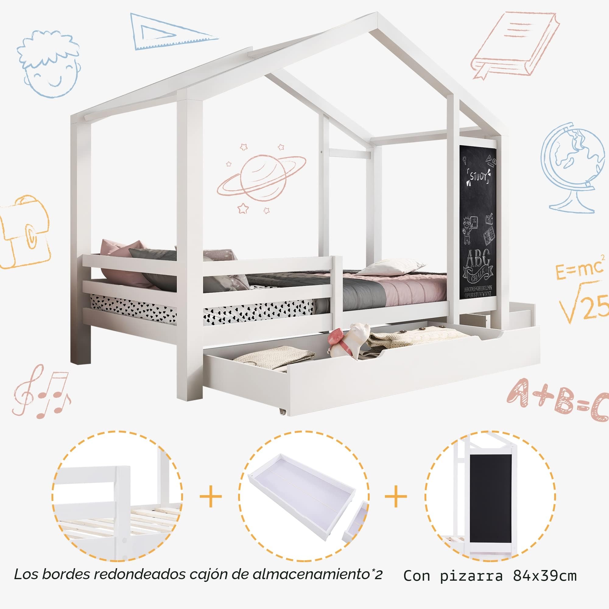 Cama infantil de madera con tablero y 2 cajones, con valla y somier, 90 x 200 cm, color blanco (sin colchón)