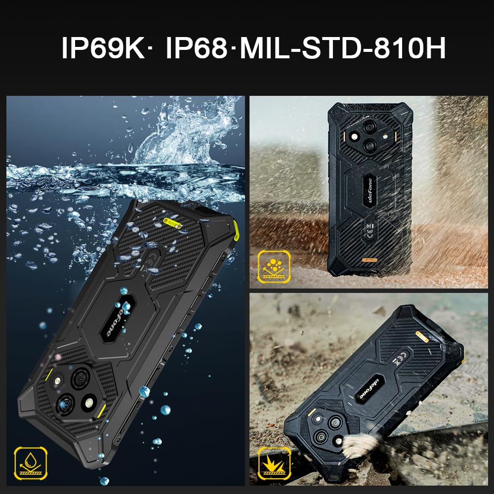 Ulefone RugKing 3 Pro Android 15 Rugged Smartphone 4G,16GB+128GB/TF 2TB, 6.56" HD+120Hz, 5700mAh Telefono Indistruttibile, 48MP+8MP, 120LM Super Torcia, 3-Slots/IP68/NFC/GPS/OTG/Con custodia,Nero
