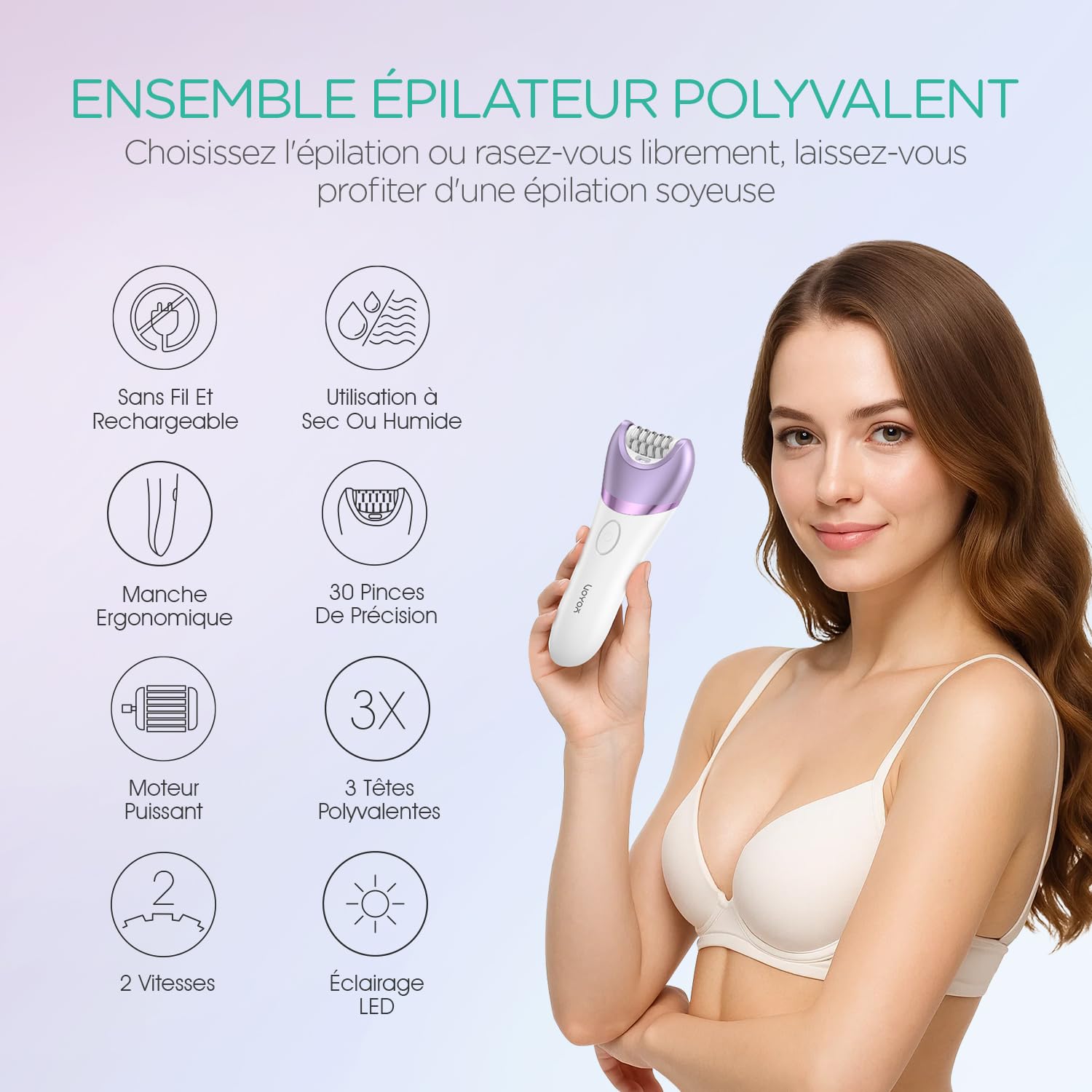 VOYOR Épilateur Électrique Femme, Epilation avec Tête De Rasage Et Tondeuse pour l'épilation du Corps, Rechargeable et Sans Fil, Humide et Sec, Couvert 30 Pinzetten, Lumière LCD BM300 (Violet)