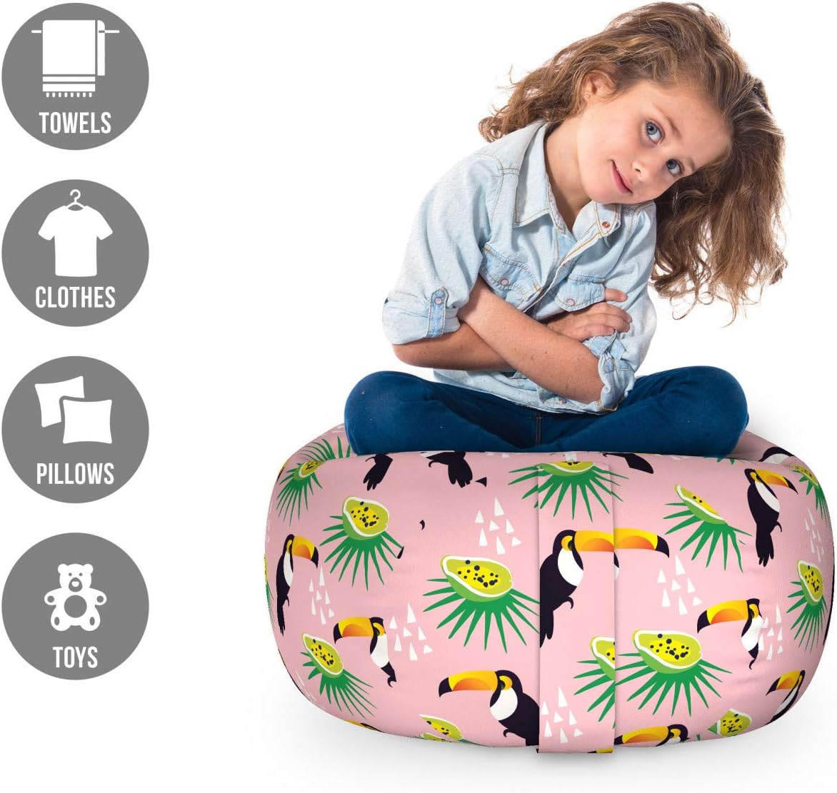 Ambesonne Bird Print Storage Toy Bag Chair, Funny Summer Pattern with Exotic Fruit Palm and Toucans on Pastel Back, Stuffed Animal Organizer Washable Bag, Small Size, Pink Black