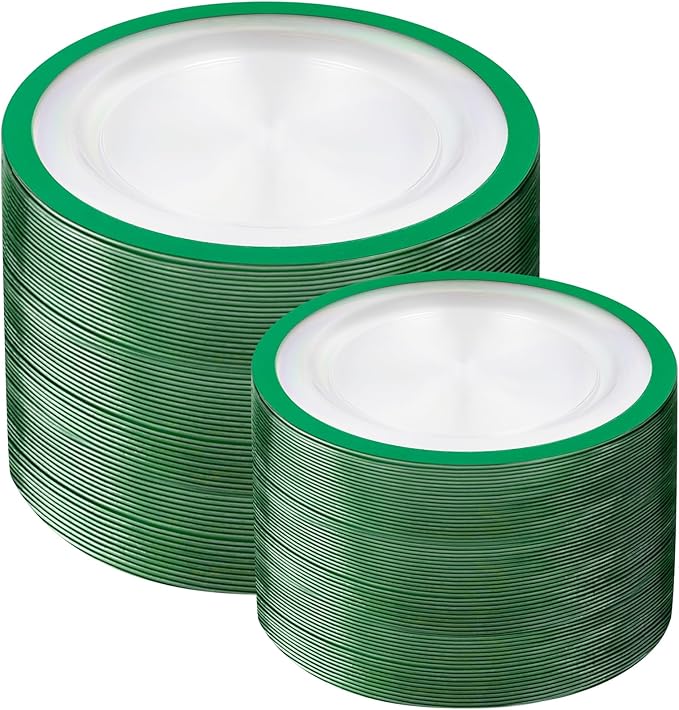 U-QE 200PCS Clear Green Plastic Plates - Green Plates Disposable Heavy Duty- Include 100 10” Dinner and 100 7” Dessert Platos, Perfect for Party, Wedding
