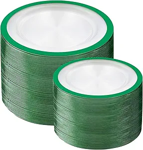 U-QE 200PCS Clear Green Plastic Plates - Green Plates Disposable Heavy Duty- Include 100 10” Dinner and 100 7” Dessert Platos, Perfect for Party, Wedding