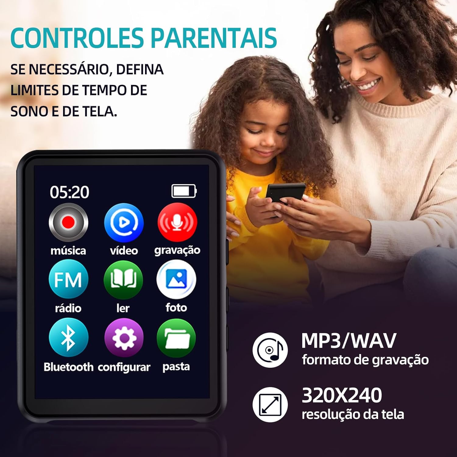 MP3 player screen showing various application icons like music, video, recording, FM radio, e-book, photo, Bluetooth, settings, and folder.