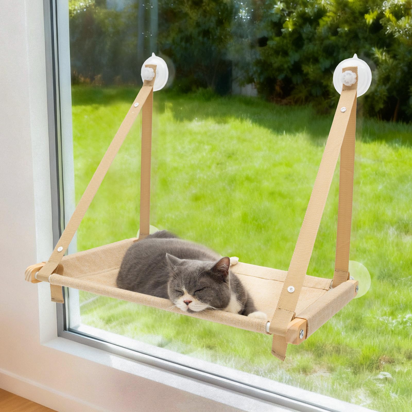 CATISM Faltbare Katzen Fensterliege bis 20kg, Verstärkte Katzenhängematte Fenstersitz, Katzenfensterhängematten für Indoor Katze, Große Katzen Sitzstange mit Stabilen Saugnapf (59.5x37x47cm)