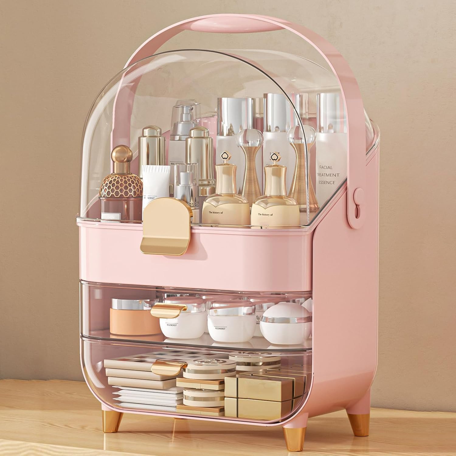 Organizador de maquillaje, organizador para el cuidado de la piel con tapa y cajones, organizador de encimera de baño, almacenamiento de maquillaje, vitrina grande para tocador, encimera de