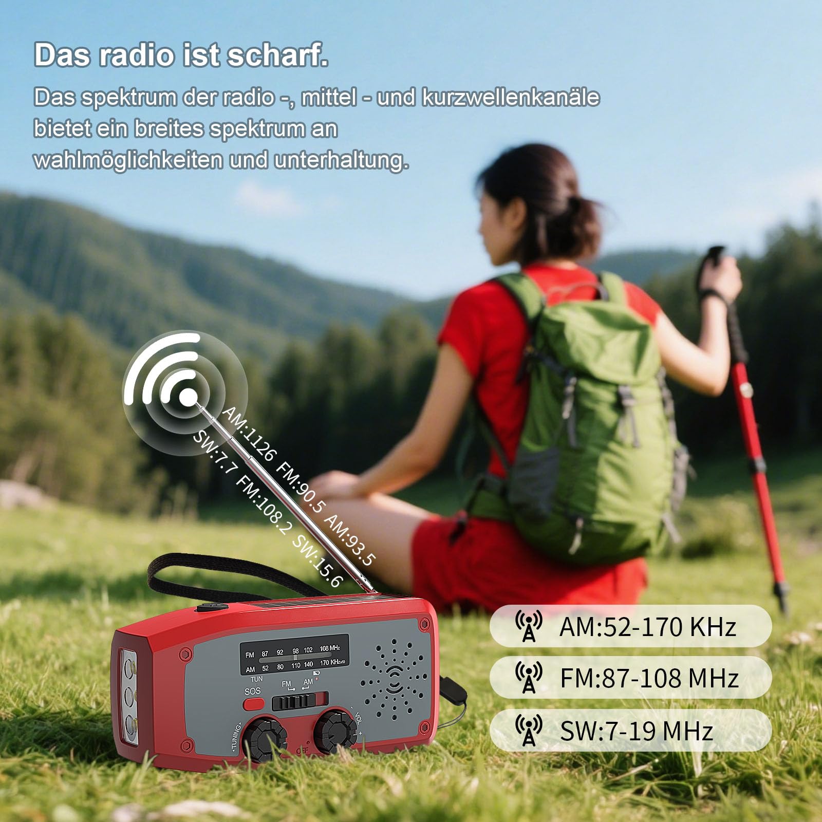 Radio Solaire d’Urgence, Radio à Manivelle Auto-alimentée avec Batterie Rechargeable 2000mAh, AM/FM Radio Solaire avec Lampe de Poche LED, Alarme SOS pour Camping Randonnée Survie, Rouge