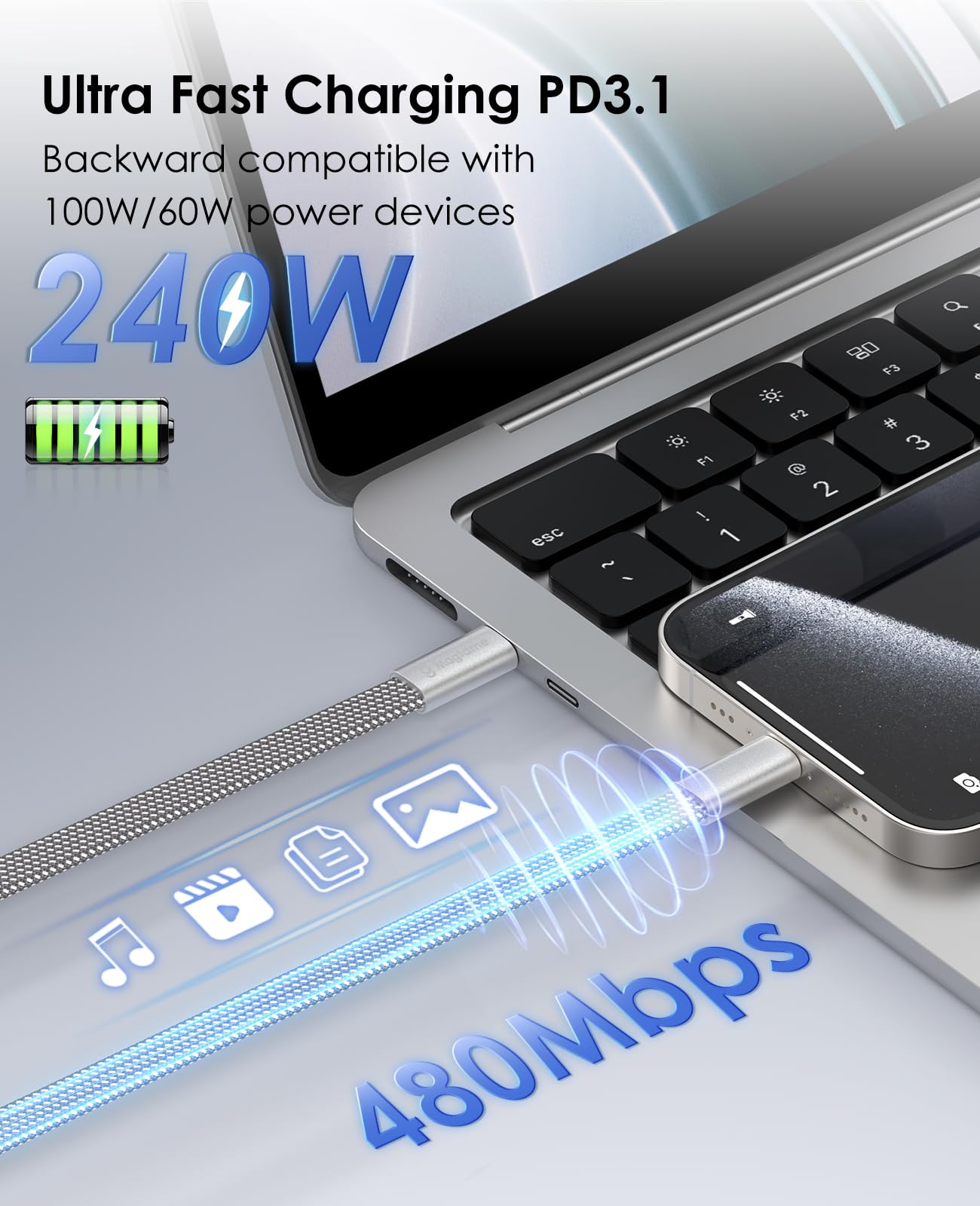 Magtame Cavo di ricarica USB C, 240 W, cavo di ricarica magnetico di tipo C, 1 m cavo da USB C a USB C, cavo di ricarica rapida tipo C, in nylon intrecciato, compatibile con Samsung Galaxy