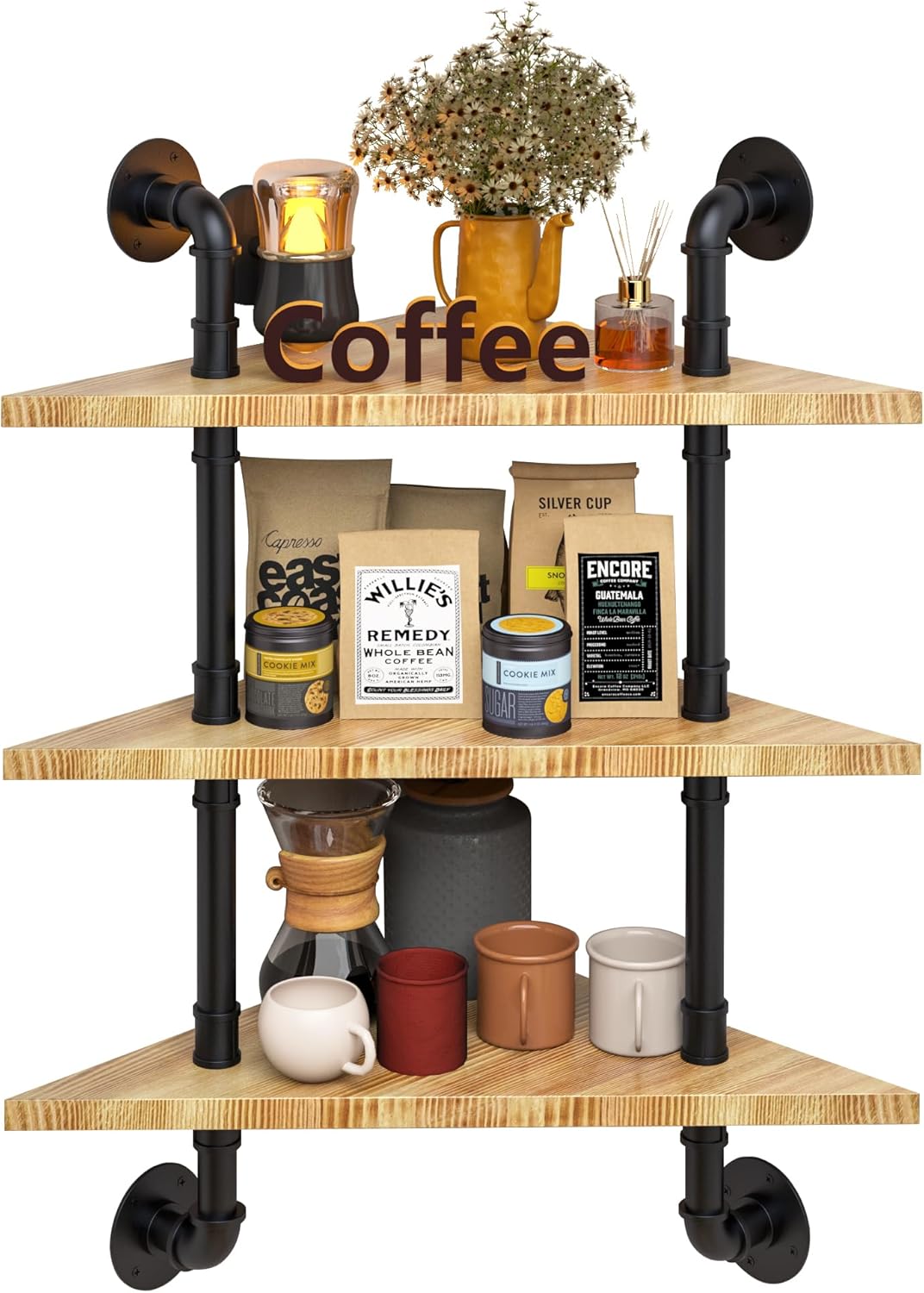 Industrial Pipe Shelving - Corner Shelves Wall Mounted, 3 Tier Solid Wood Corner Floating Shelves, L Shape Shelf for Bathroom Bedroom Living Room Wall Storage