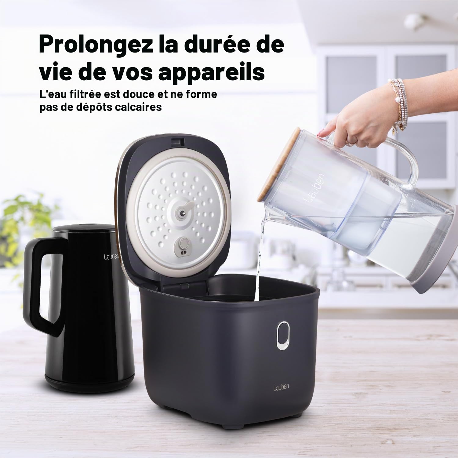 Lauben Carafe filtrante en verre 32 GW - Volume total : 3,2 l - Verre borosilicate - Cartouche de filtre à eau incluse - Couvercle antibactérien en bambou - Pas d'arrière-goût de plastique