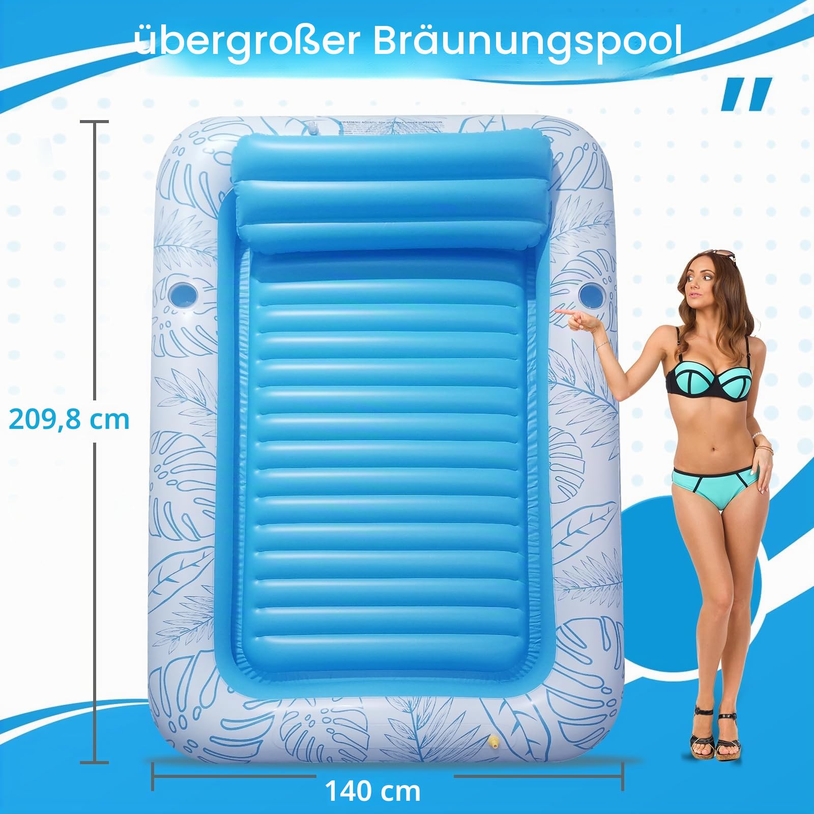 210.8 cm x 160.0 cm Extra Large Inflatable Tanning Pool Float Lounger with Sprinkler & Cup Holder, Adult Pool Floß for Backyard, Beach or Lake, Pink/Blue - Durable PVC, Supports 200 kg