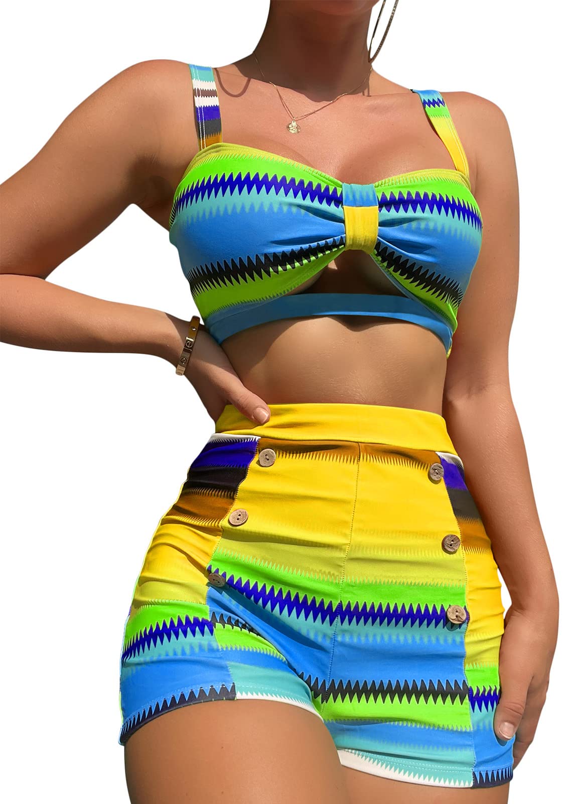 B2prityWomen's Bikini Set Strap Colorful Striped Two Piece High Waisted Bathing Suit Tummy Control Swimsuit Yellow