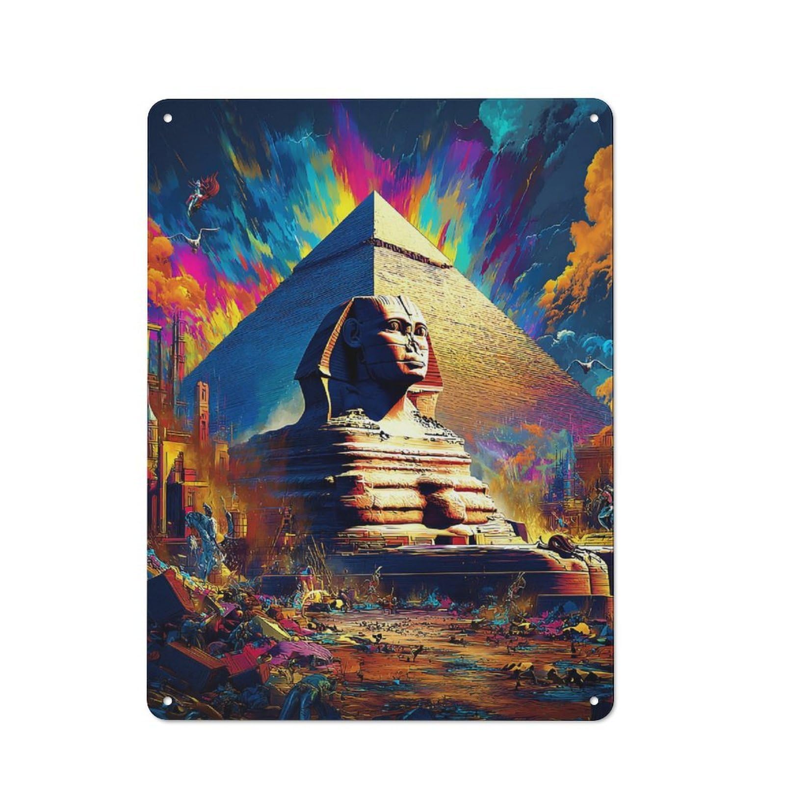 Junmoney Egyptian Pyramid And Sphinx In Vibrant Colors Modern Vintage Metal Desk Wall Sign 40X30cm, Office Wall Decor For Office, Study, Studio Or Hallway