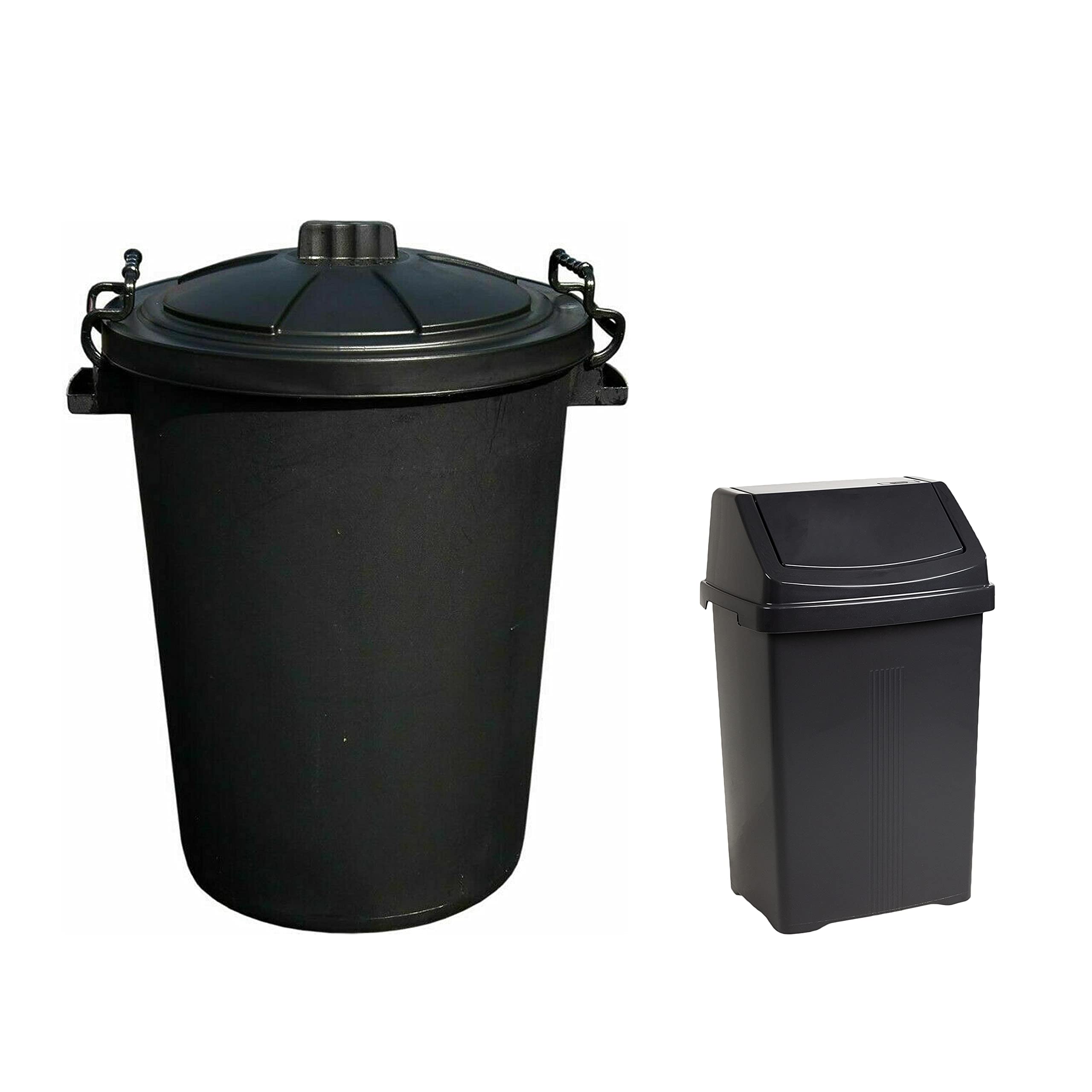 M1SS Set of 2-50L Litre Storage Bin Heavy Duty Plastic Clip Lock Lid Bin, Waste of Animal Feed With 8L Swing Bin Waste Recycling Dustbins Kitchen, Bathroom Bins (Black)