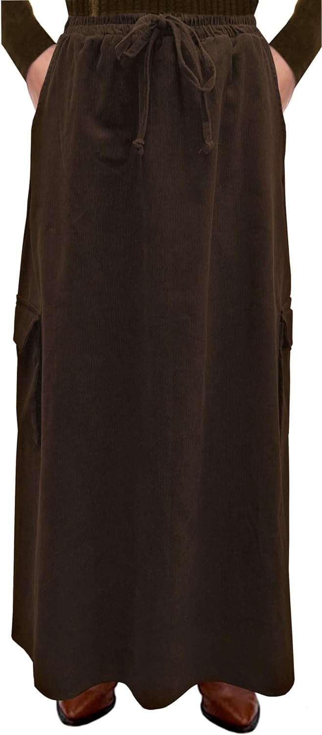BABY O Womens 100% Cotton Corduroy Drawstring Elastic Waist Cargo Pocket Long Ankle Length Maxi Skirt, Made in USA