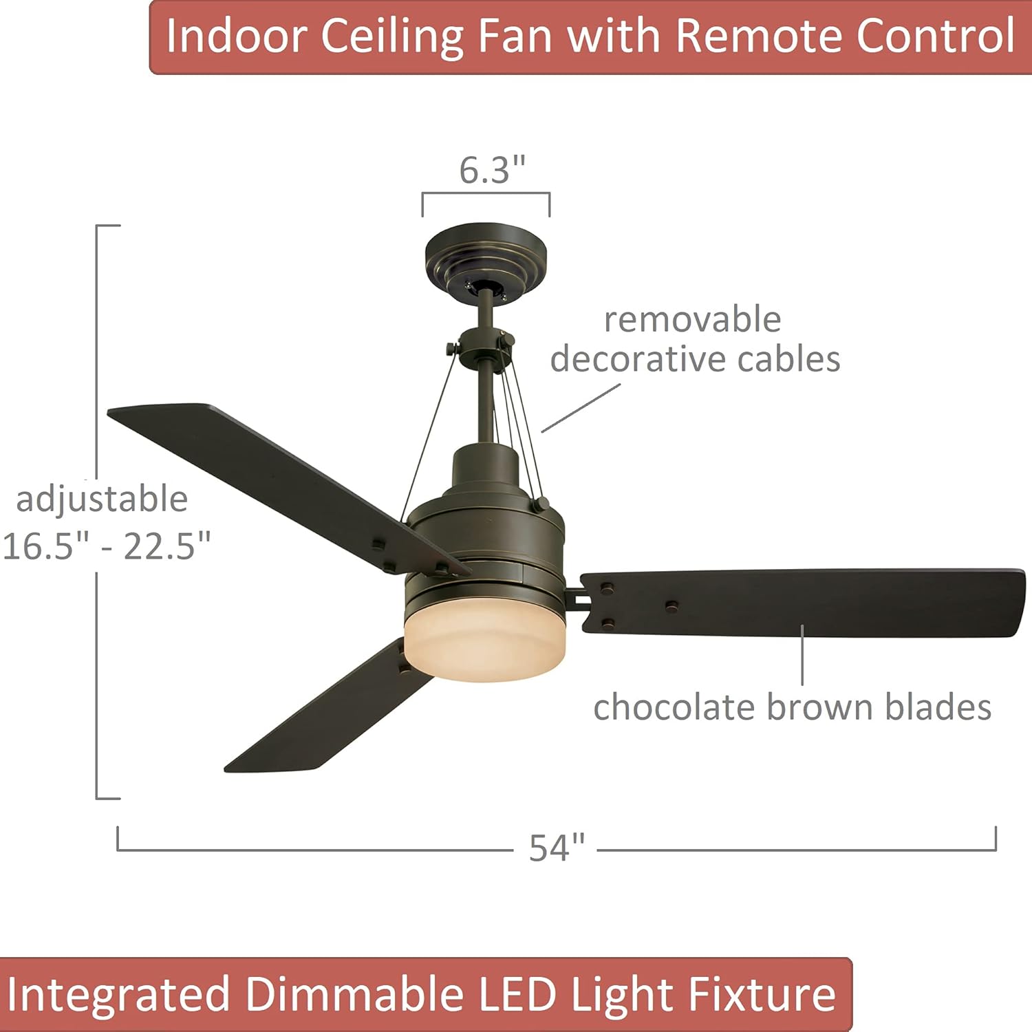 Blасk Frіdау - 70% оƒƒ Luminance kathy ireland HOME Highpointe LED Ceiling Fan with Remote Control | Modern Industrial Lighting Fixture with 3 Blades, 2 Downrods, and Removable Decorative Cables | Dimmable, Golden Espresso, 54 Inch