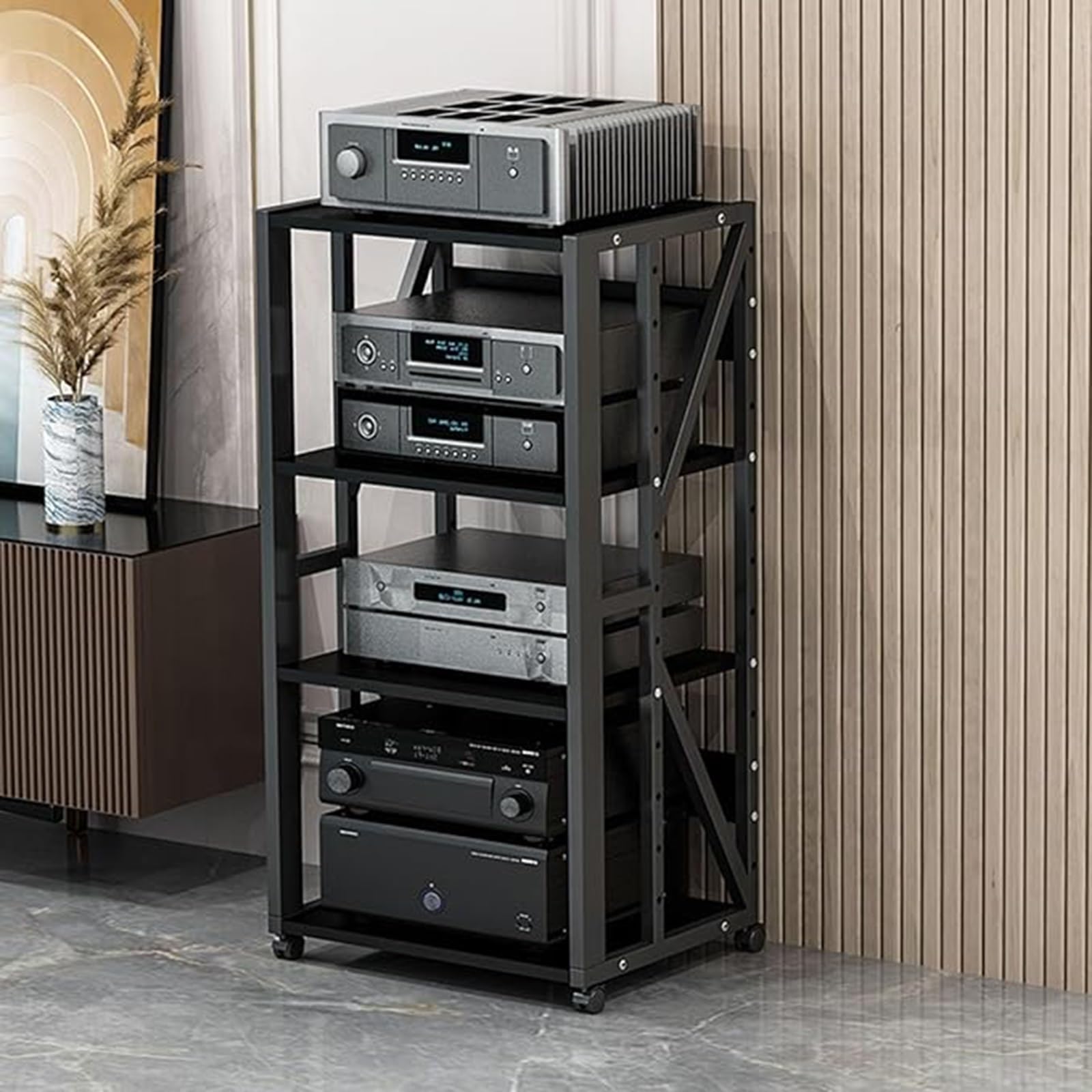 Adjustable Speaker Stand with Universal Wheels 4-Tier AV Media Cabinet for Home Entertainment Center Floor-Standing Stereo Component Rack for Living Room & Bedroom (Black)