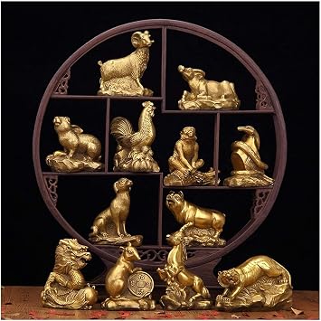Sculpture Tabletop Chinese Zodiac Brass Collectible Complete Set of 12 Animal Figurines Decoration for Luck & Wealth Perfect for Your Or Office Statue