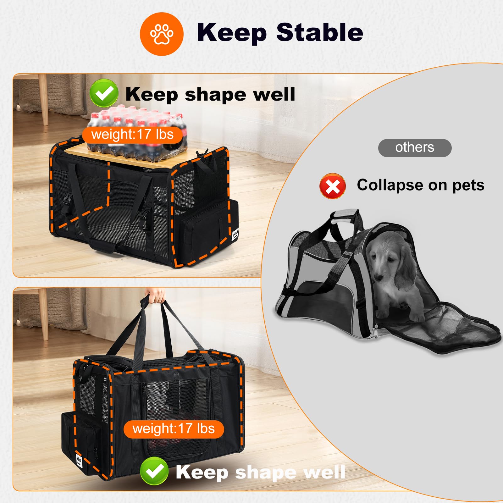25''(L) x 17''(W) x 17''(H) Extra Large Expandable cat Carrier for car Travel,Soft Crate for 1 Large / 2 Medium Cats up to 35 lbs,Long Road Trip cage with a Leakproof Portable Litter Box - image 5