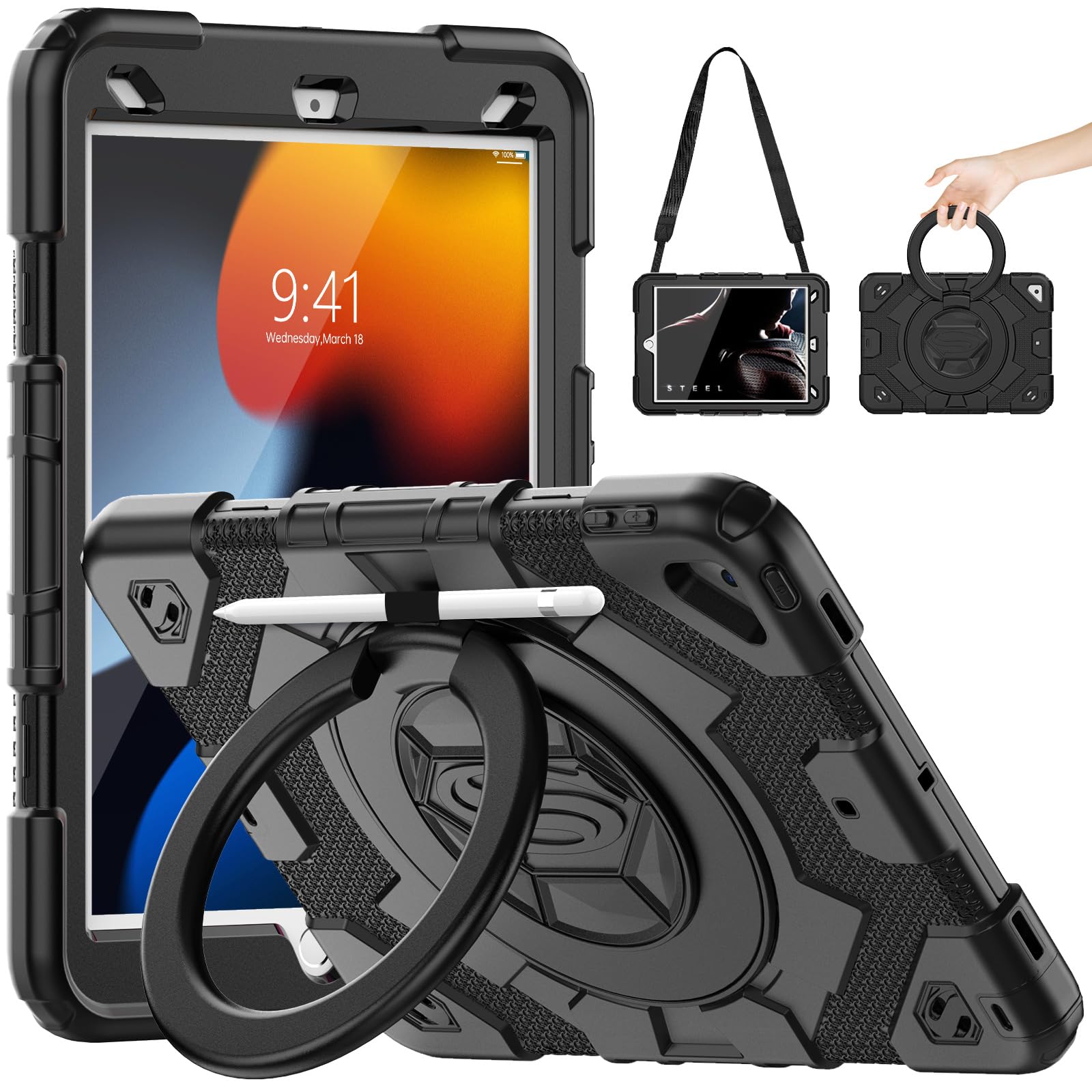 Timecity Funda para iPad 9/8/7 Gen con protector de pantalla, soporte para lápices, asa, soporte, correa, color negro