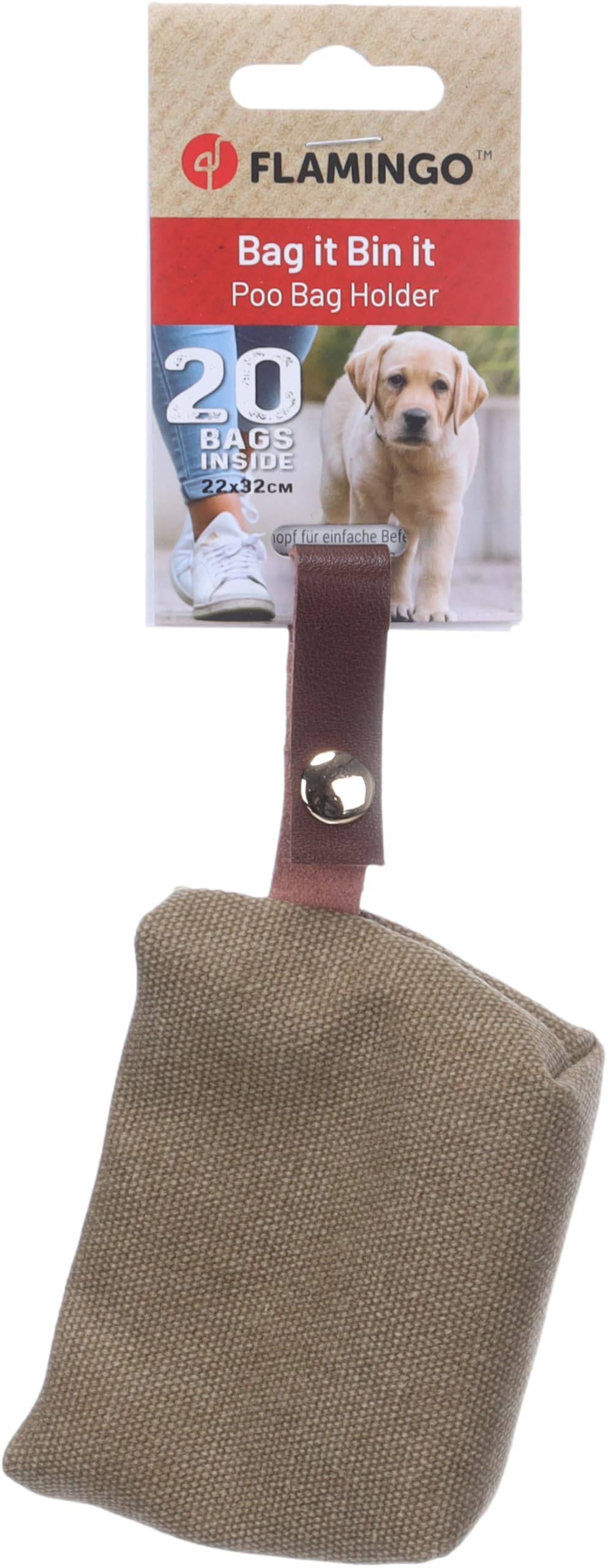 Porta Sacchetti Cane - Cavna Kaki - Pochette in Poliestere - Chiusura a Pressione - Cinturino in Pelle - 1 Rotolo Incluso - Flamingo