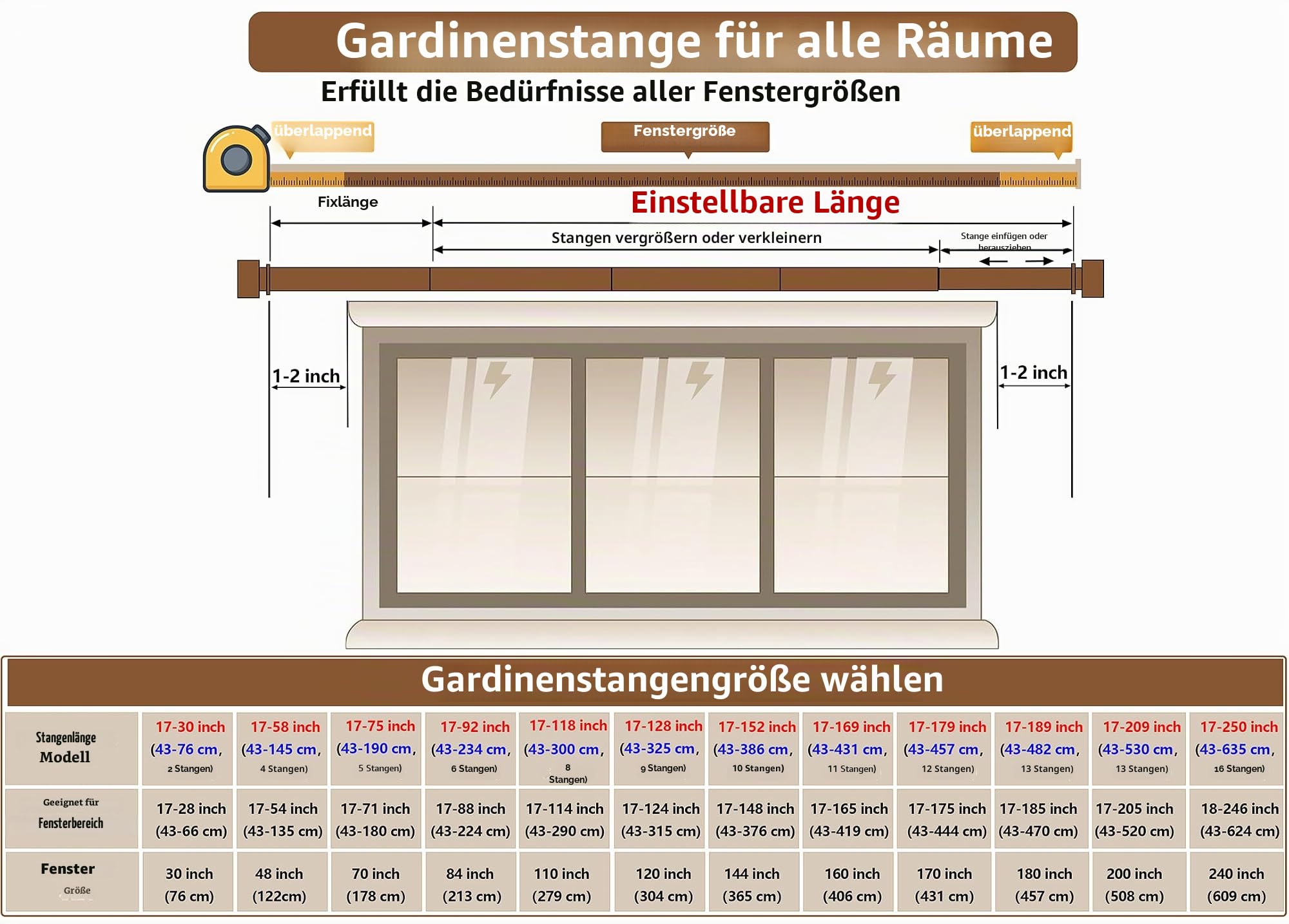 Schwarze Gardinenstange, 43,2 bis 530,9 cm, für Fenster, 508 cm, verstellbar, strapazierfähig, dick, mattschwarz, modern, extra lang, 5,3 m