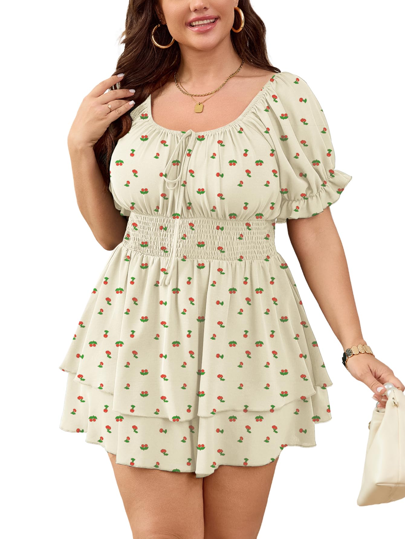 SCOMCHIC Women Plus Size Romper Dress Summer Short Jumpsuit Square Neck Puff Sleeve High Waist Ruffle Boho Jumpsuits: Beige Cherry 3X-Large