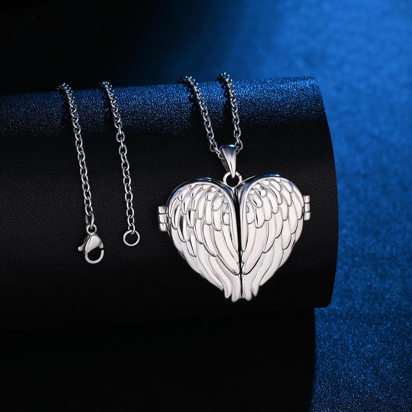 Collana Argento 925 Medaglione Foto con Ali d'Angelo, Gioielli di Memoria Ciondolo a Cuore Personalizzata Portafoto per Donna