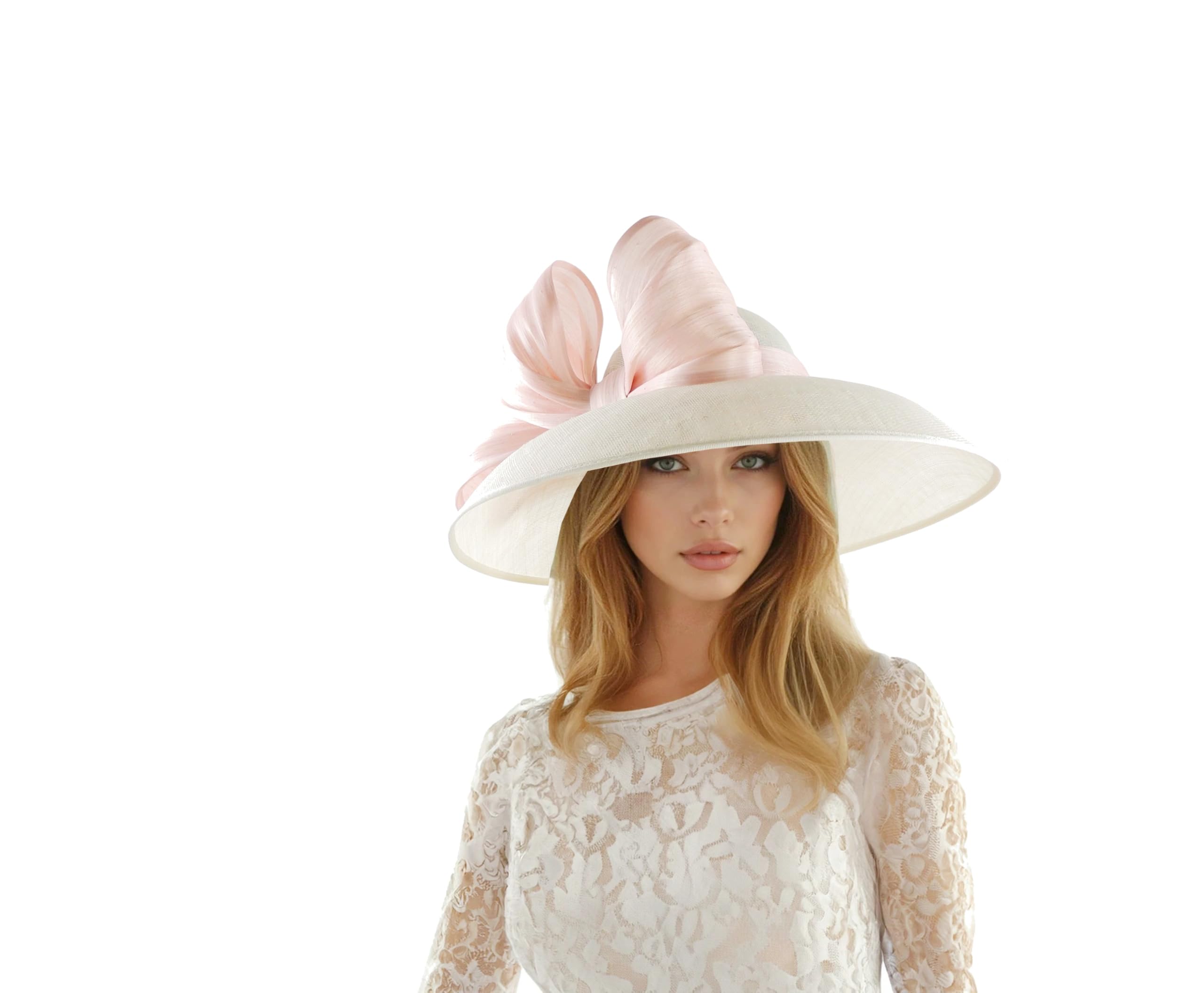 Glamour Girlz Women's Pink Blush White Kentucky Derby Hat, Hat For Ascot, Church, Race Day, Tea Party, Wide Brim Wedding Formal Woman Abaca Silk Bow Pale Light Baby
