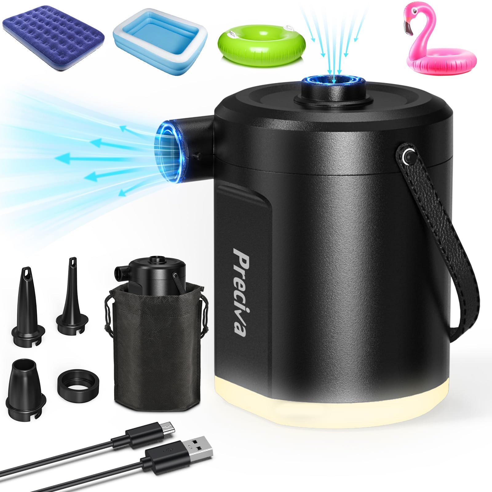 Preciva Elektrische Luftpumpe mit Akku, 5000mAh USB-C wiederaufladbar, 280L/Min 4kPa, Kompakte Camping-Luftpumpe mit 3 Düsen & LED-Licht & Tasche, für Luftmatratzen Schwimmreifen Strand Garten