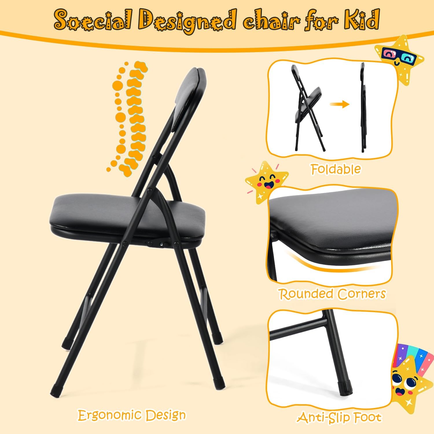 FurnitureR Kids 5-Piece Folding Square Table and Chair Set, Toddler Dining/Studying/Playing/Drawing Set Ideal for Daycare and Classrooms, Children's Activity Set, Black