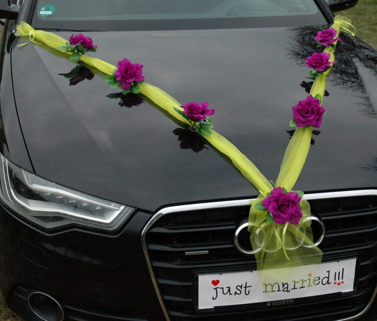 Organza M Auto Schmuck Braut Paar Rose Deko Dekoration Autoschmuck Hochzeit Car Auto Wedding Deko (Dunkelviolett/Gelb) - Image 4