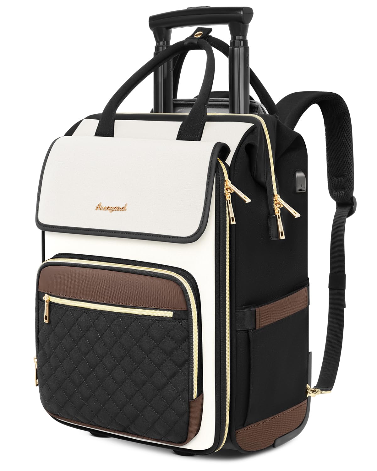 Rolling Backpack for Women, Travel Rolling Laptop Backpack with Wheels, Vertical & Horizontal Storage 2 In 1, Flip-Top Design, Water-Resistant Overnight College Underseat Carry on Luggage, Beige Brown