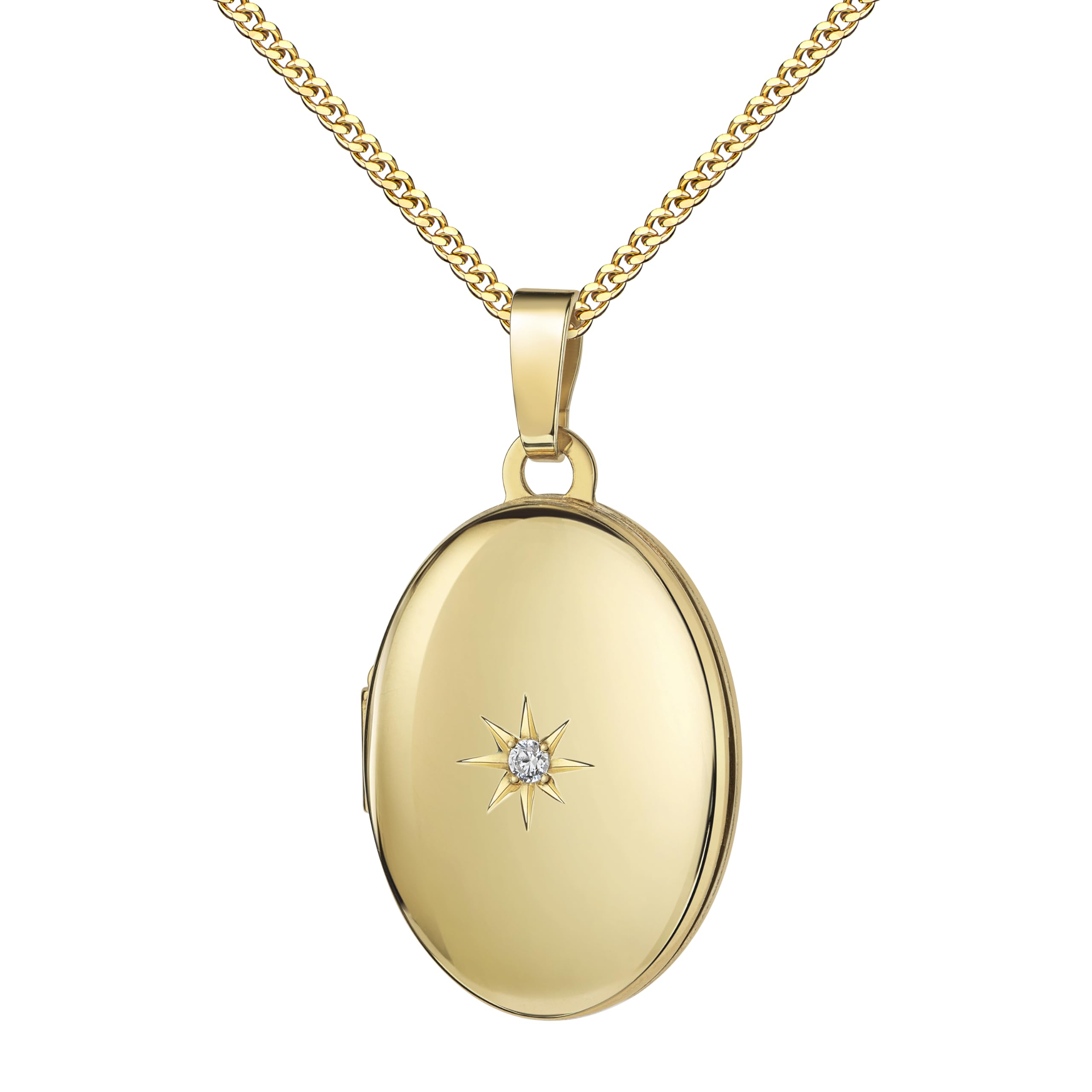 Medaillon Set Gold 333 mit Zirkonia für 2 Bilder Foto Amulett Anhänger oval zum Öffnen für Damen + Schmuck-Etui und Halskette