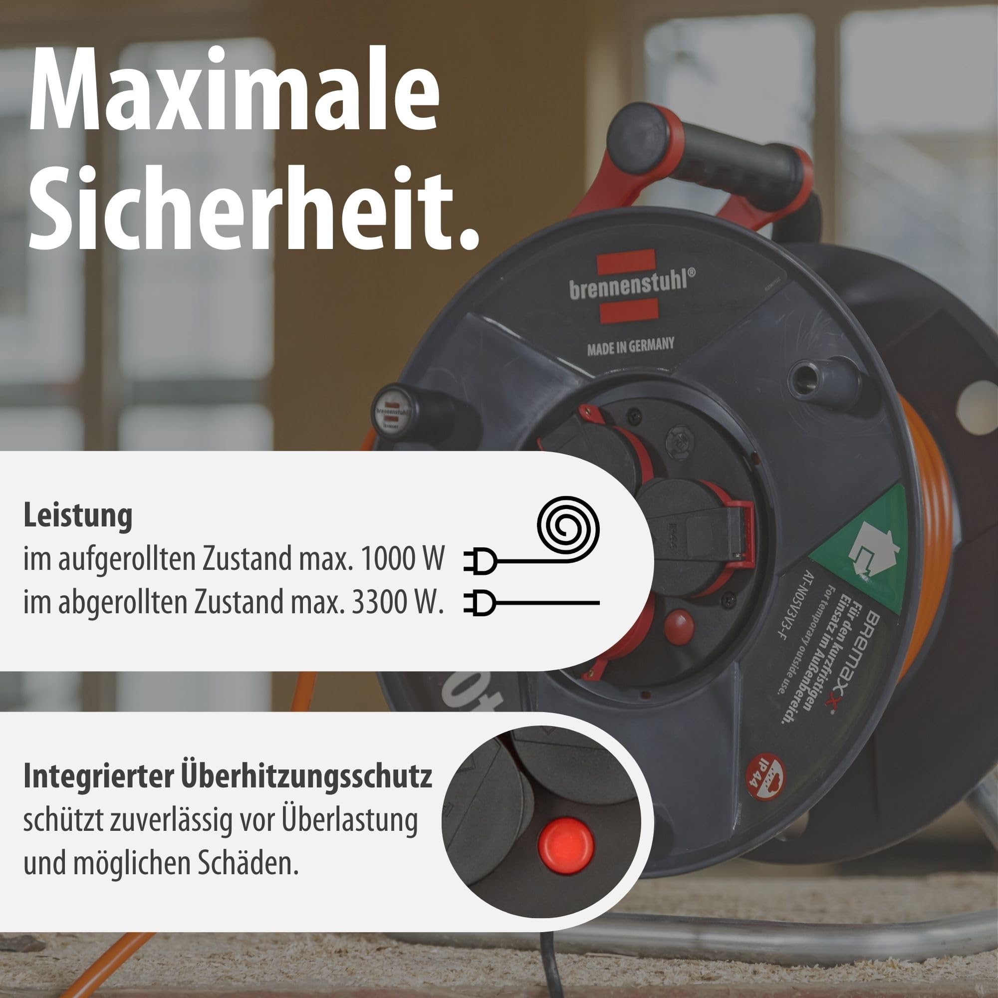 Brennenstuhl Garant V2 IP44 Kabeltrommel 40m Outdoor (Made in Germany, 3 Schutzkontakt-Steckdosen, Überhitzungsschutz, kurzfristiger Einsatz im Außenbereich)