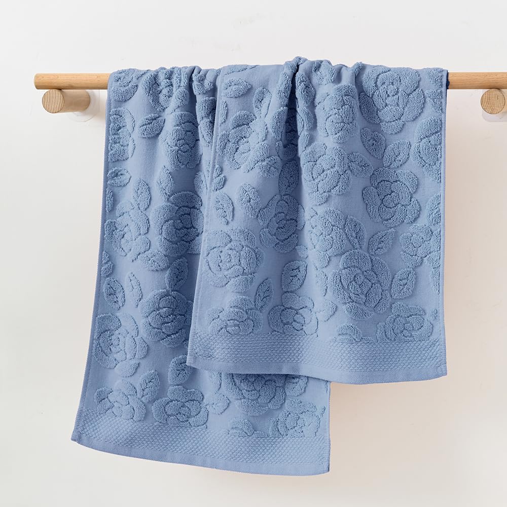 YiLUOMO Blue Embossed Floral Pattern Hand Towel Set of 2 Super Soft 100% Cotton Highly Absorbent Decorative Rose Bath Hand Towels for Bathroom Home 13x 29 Inch - Image 4