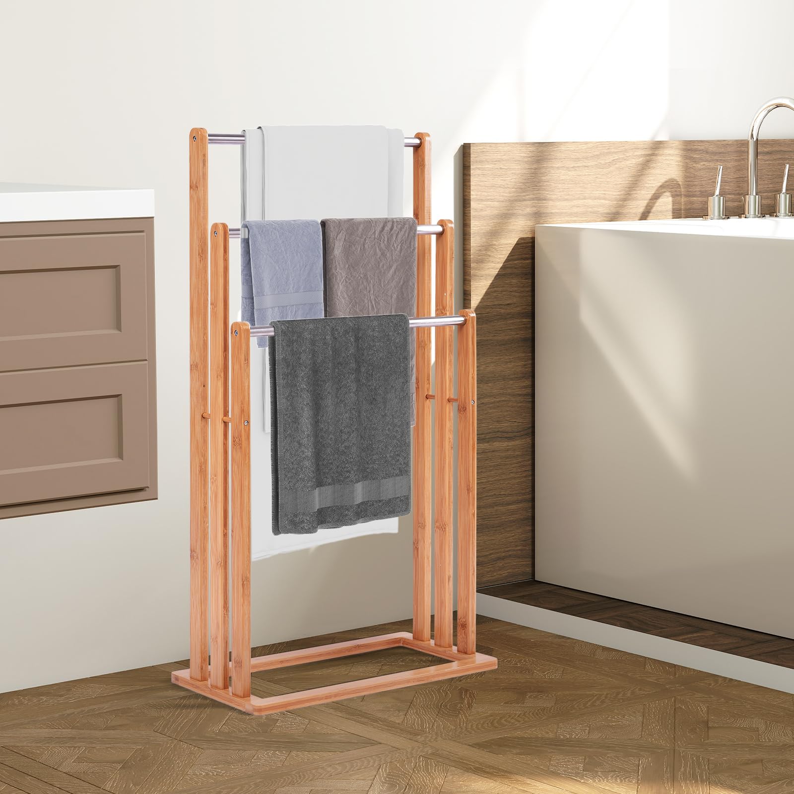 COSTWAY Portasciugamani in Bambù da Terra | Mobile Bagno con 3 Aste per Asciugamano in Acciaio Inox, 46x24x84cm