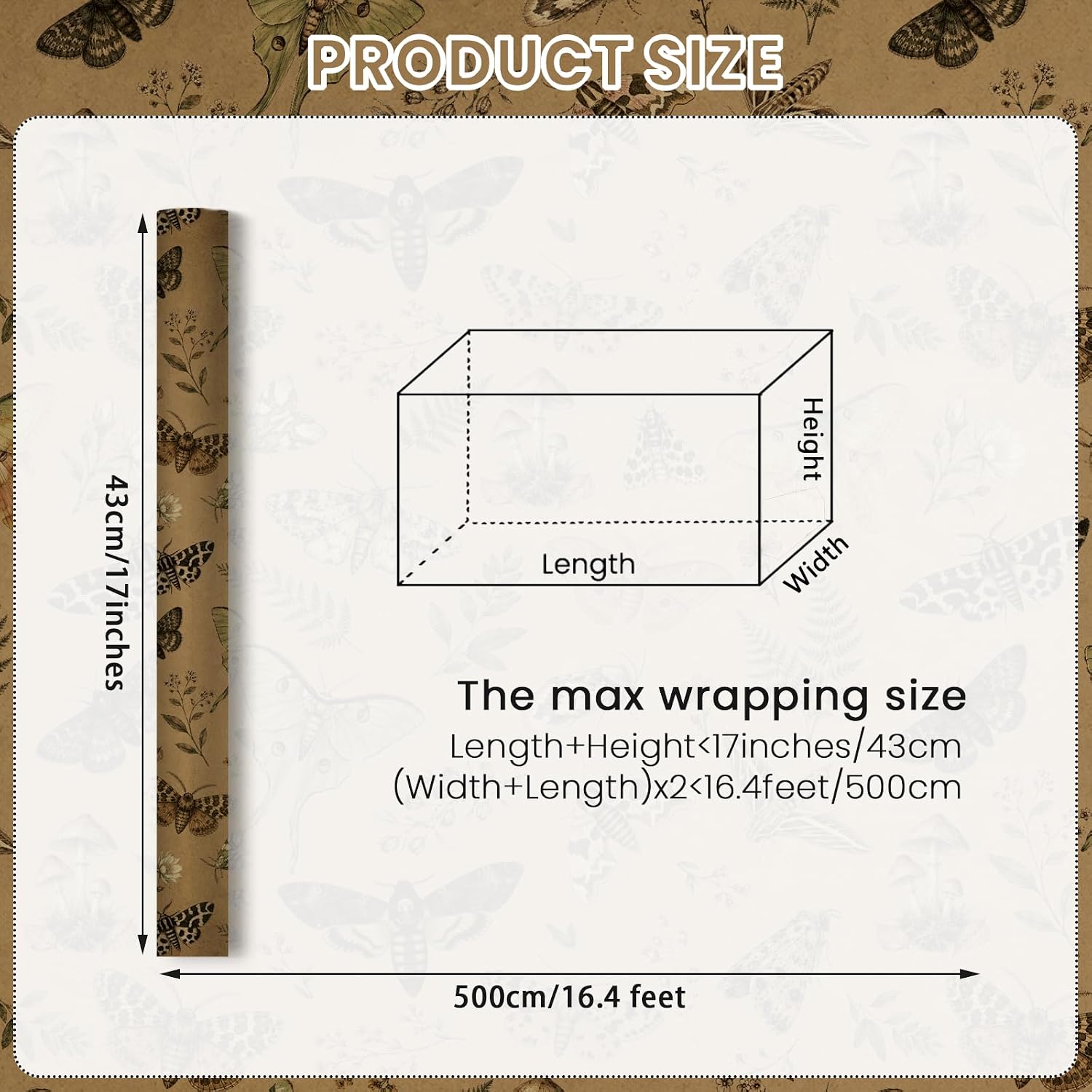 Joviwrap Vintage Moth Kraft Wrapping Paper Roll 17 In x 16.4 Ft, Dark Academia Botanical Gift Wrap with Fern Mushroom Insect Pattern, Rustic Nature Inspired Paper for Birthday Halloween Fall Gifts image 3