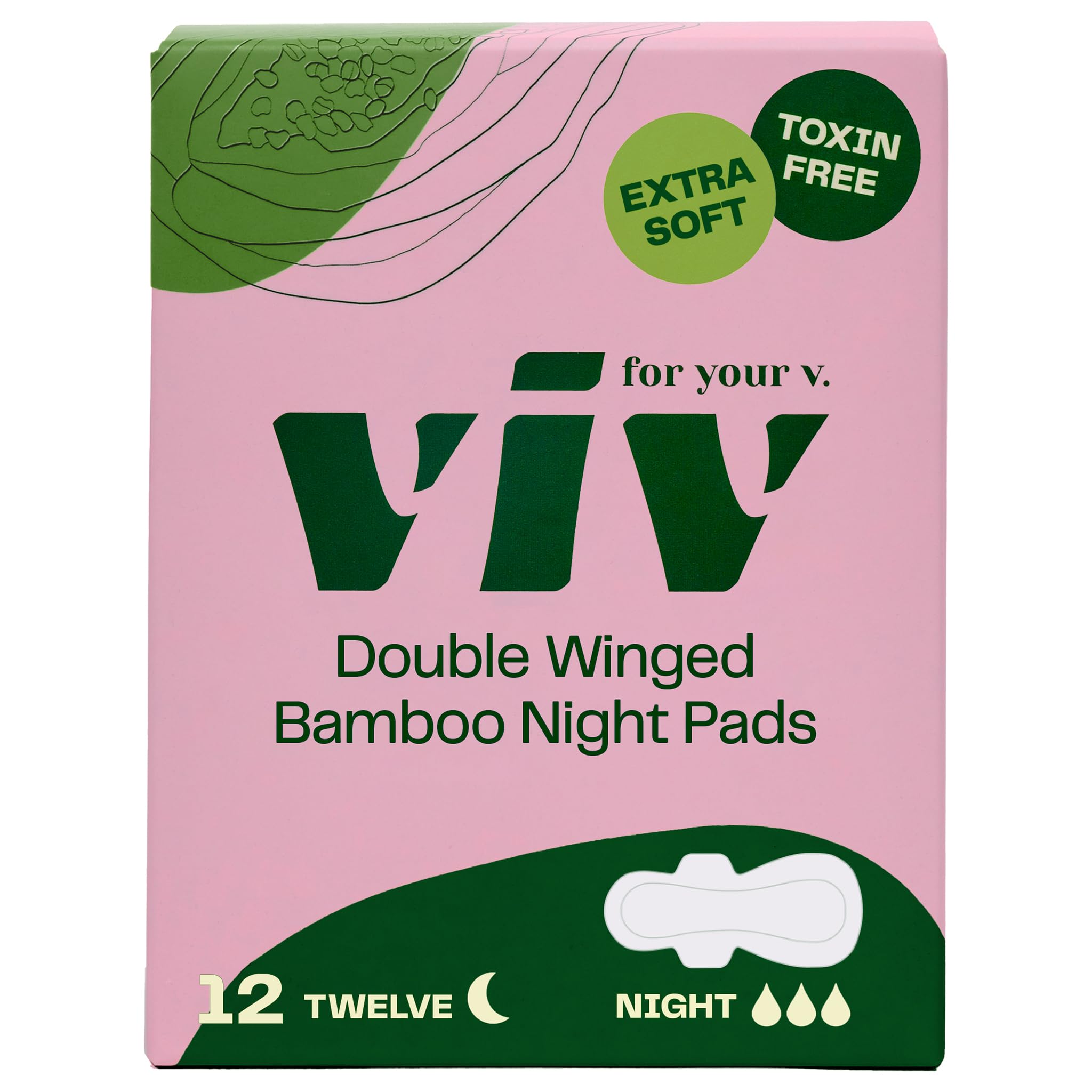 Viv for Your V Bamboo Overnight Pads | Menstrual Pads for Period & Leak Protection with Double Wings | Soft, Light, & Super Absorbent | Earth-Friendly, Free of Dye, Fragrance, & BPAs | 12 Pack