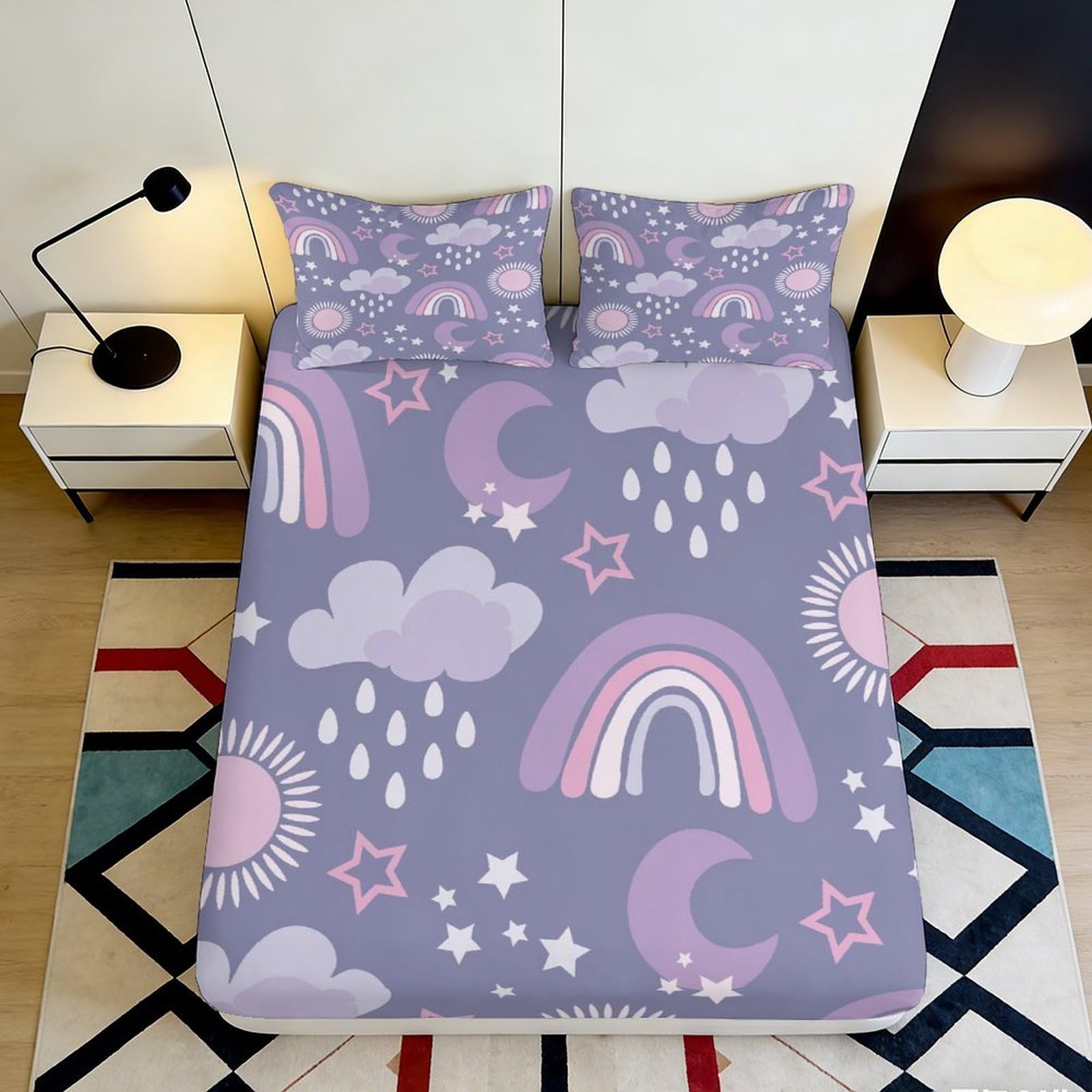 3D Printed Pastel Rainbow Stars Fitted Sheet Microfiber Soft Clouds Moon Bed Cover for Bedroom Dorm Decor 140x200x25cm