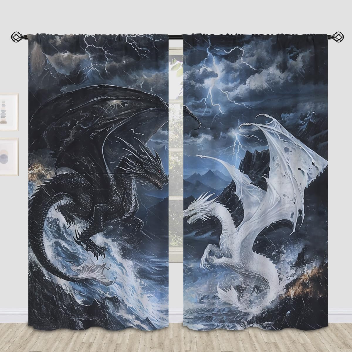 Dragon Blackout Curtains for Girls Boys Kids Home Decor, Black White Dragon Medieval Magical Fantasy Rod Pocket Thermal Insulated Drapes Darkening Window Curtain for Bedroom Living Room, 84 x 84 Inch