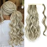 Ponytail Extension Blond Pferdeschwanz Extensions Zopf mit Side Clip in Pony Haarteil wie Echthaar Haarverlängerung Lang Locken Hitzebeständig Clips Haarteile 50cm(hellblonde mit ash blond) 079E